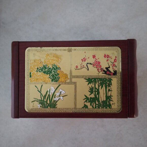 ASIAN WOODEN VINTAGE TRINKET JEWELRY ENAMEL FLOWERS BAMBOO ROSEWOOD BOX - Picture 4 of 9